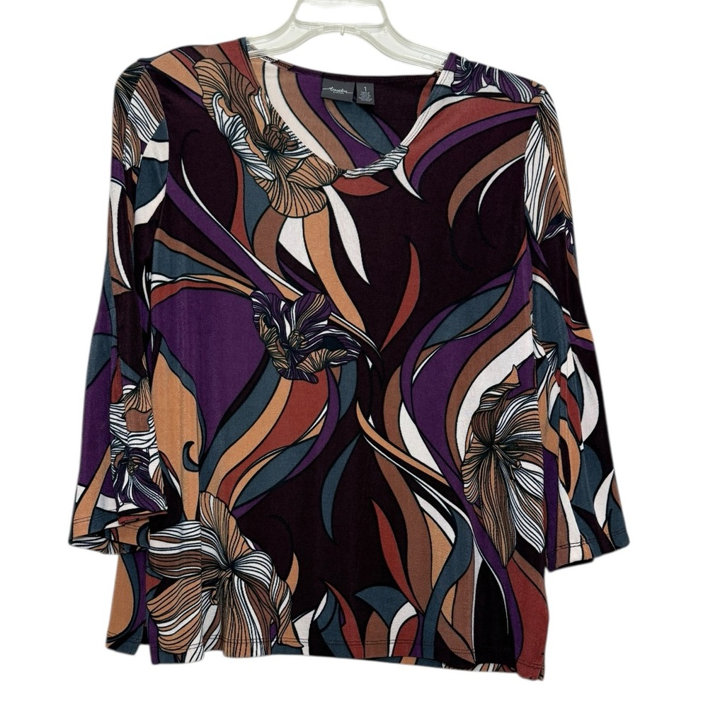 Chico’s beautiful black tan purple abstract floral print top size medium